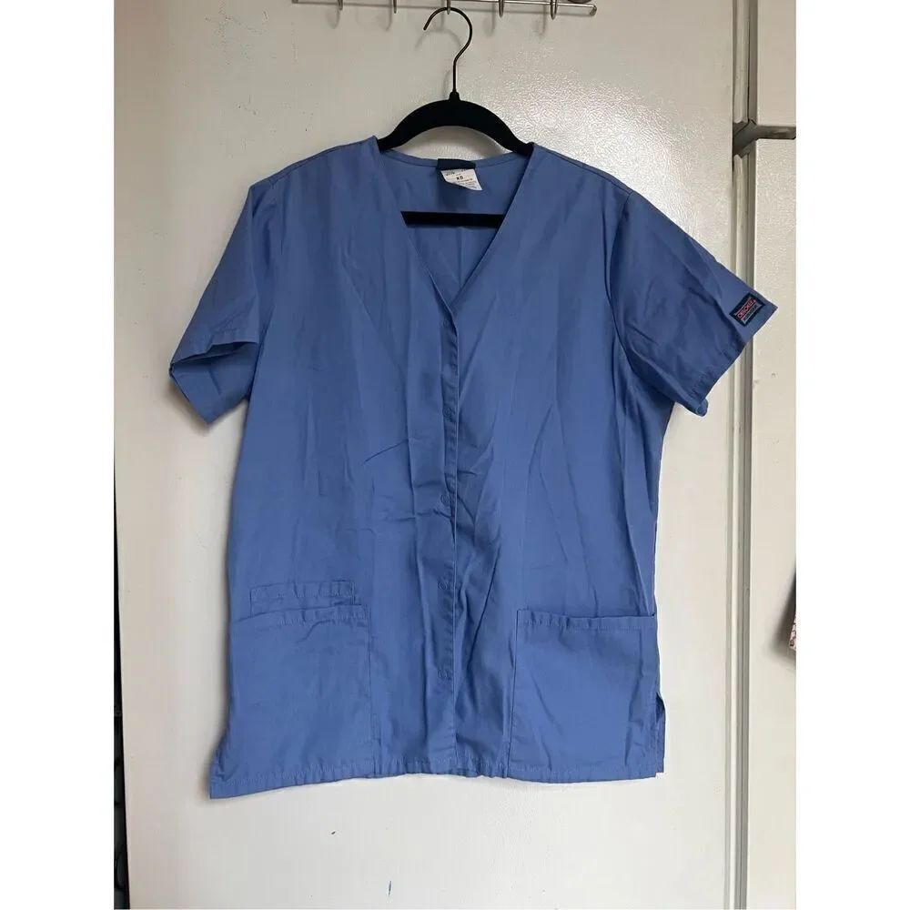 Cherokee Workwear Blue Snap Button Up Scrub Top Woman’s Size XS